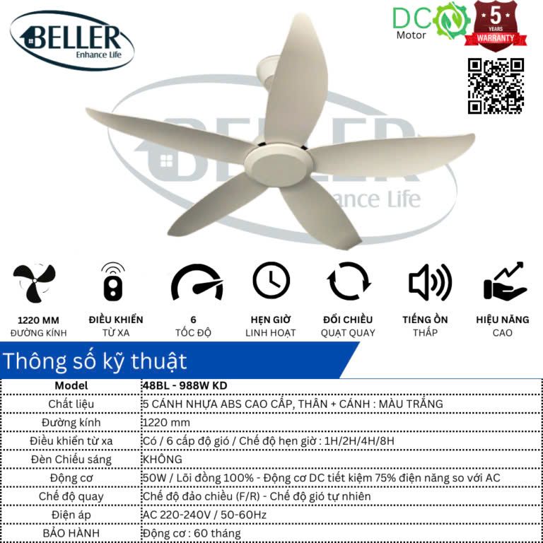  Quạt trần Beller 48BL – 988W KD 