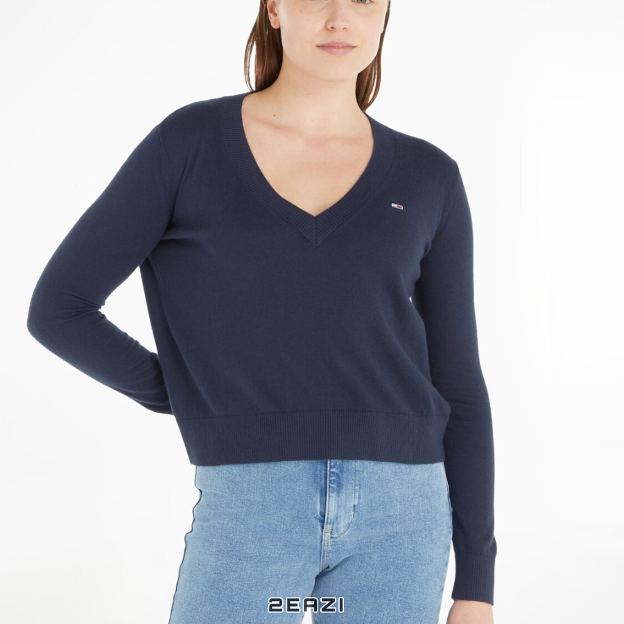  Áo Tommy Hilfiger Women's V-neck Textured Sweater DW0DW16535 Màu Xanh Navy 