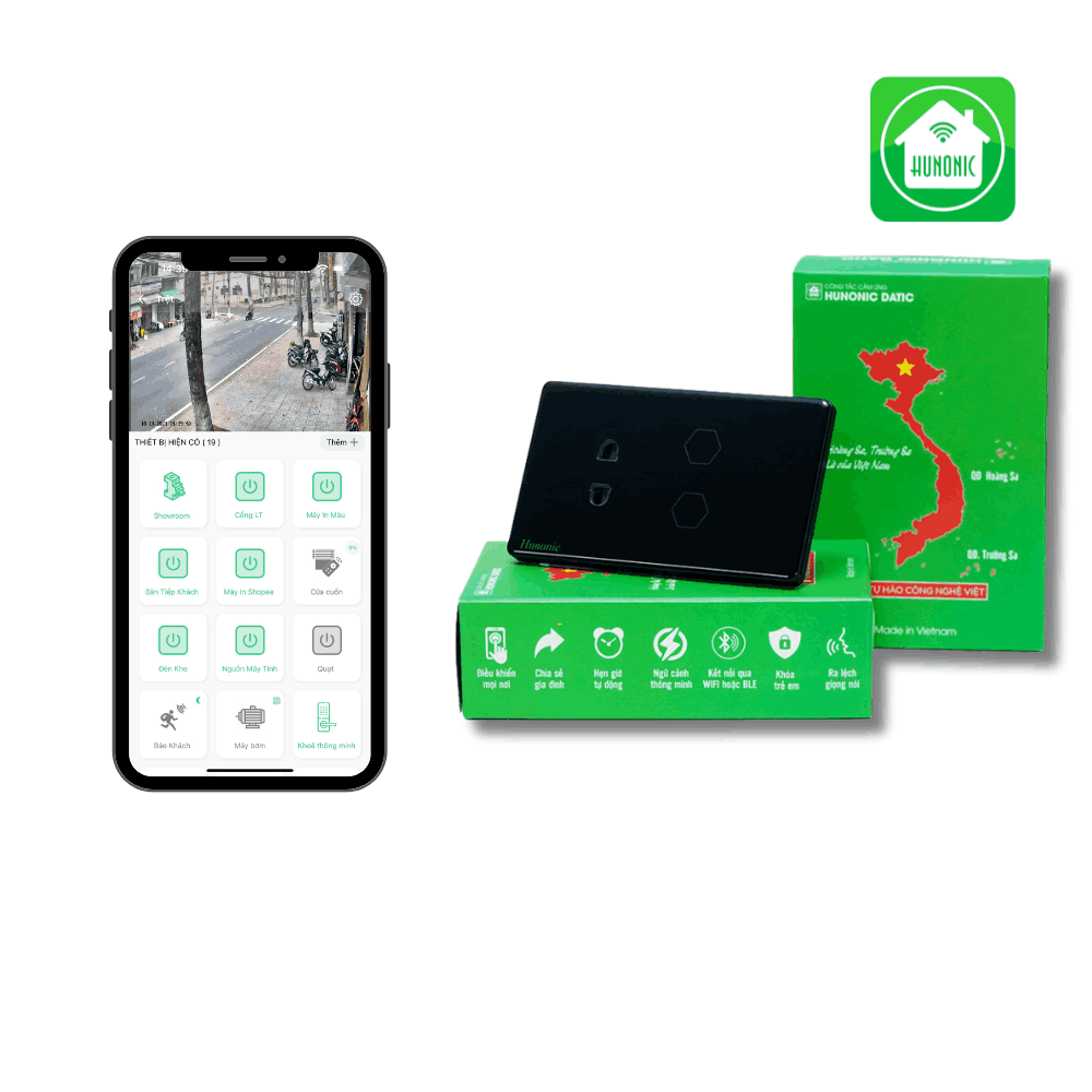 Công Tắc Cảm Ứng 2 Nút 1 Ổ  Bluetooth Mesh Hunonic Datic Màu Đen/Trắng