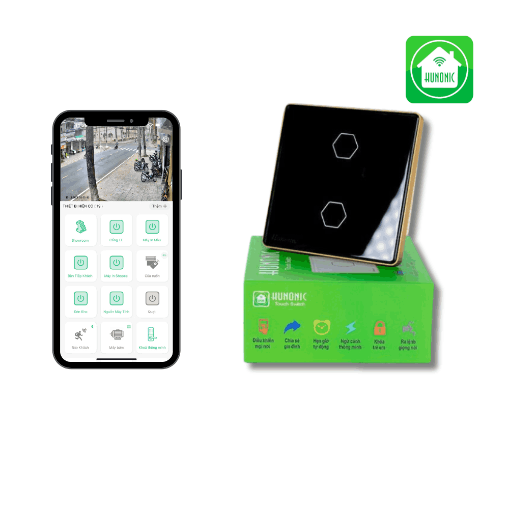 Công tắc cảm ứng Wifi Hunonic 2 Nút - Màu Đen/Trắng