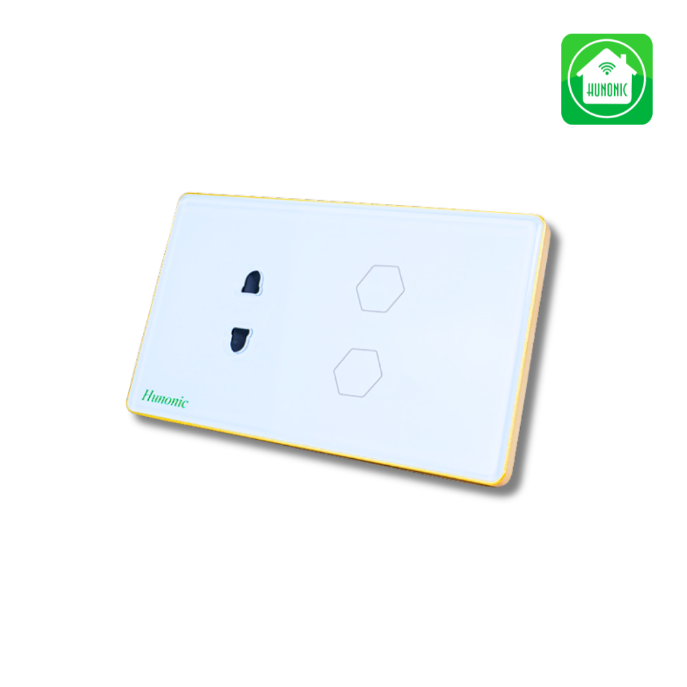 Công tắc cảm ứng Wifi Hunonic 2 Nút 1 Ổ, Hình Chữ Nhật - Màu Đen/Trắng