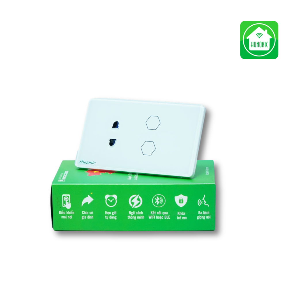 Công Tắc Cảm Ứng Wifi 2 Nút 1 ổ Hunonic Datic Màu Đen/Trắng