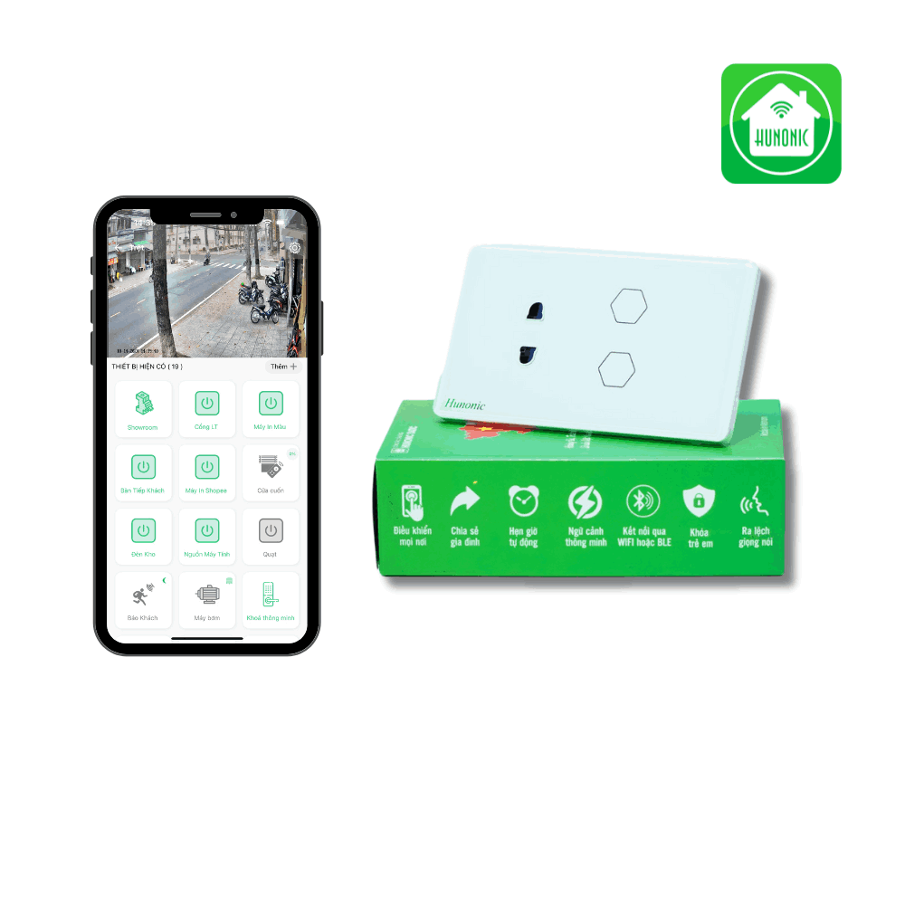 Công Tắc Cảm Ứng Wifi 2 Nút 1 ổ Hunonic Datic Màu Đen/Trắng