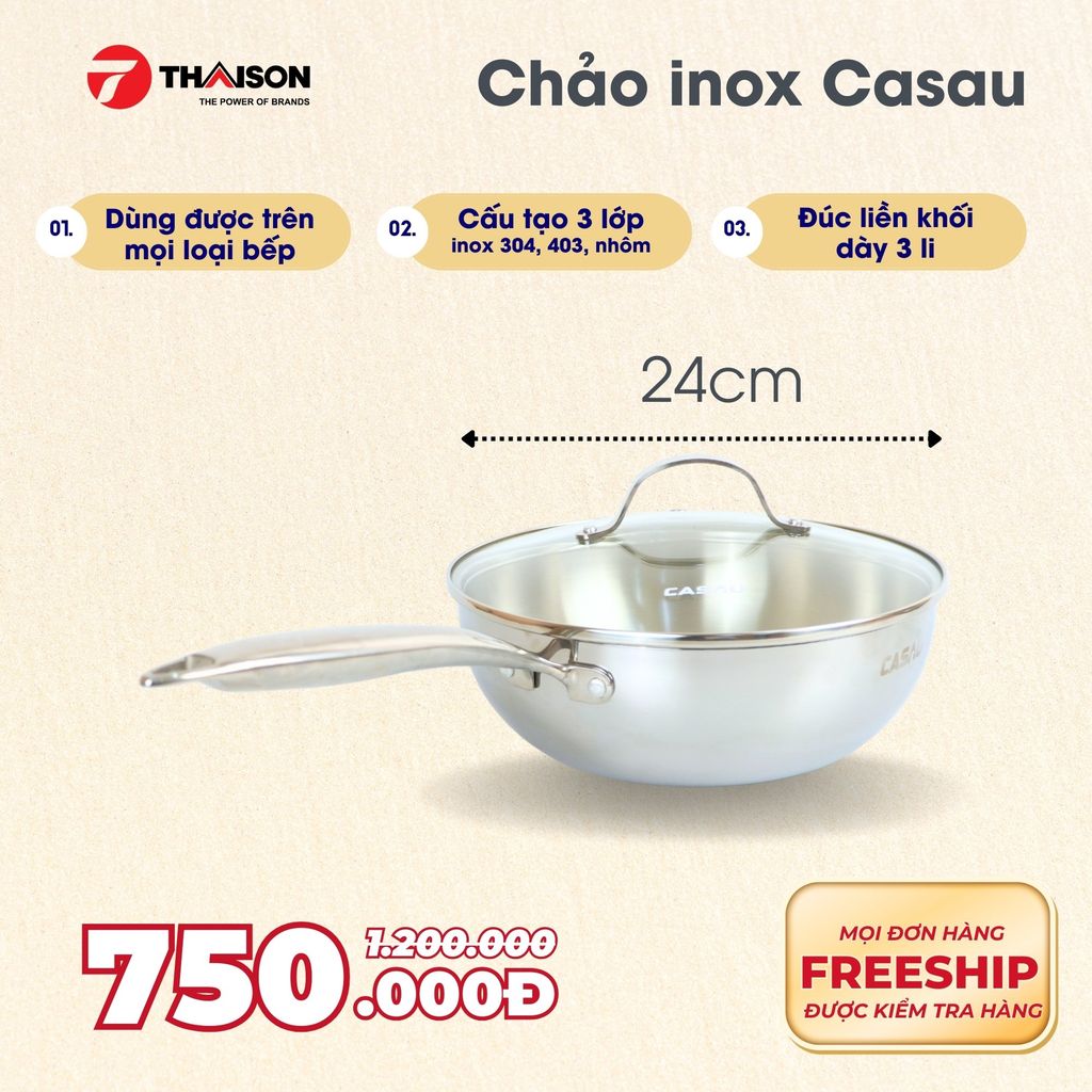 Chảo inox 304 Casau đúc liền khối 3 lớp đáy