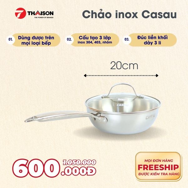 Chảo inox 304 Casau đúc liền khối 3 lớp đáy