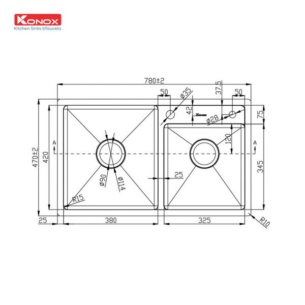 Kích thước Chậu rửa bát Konox Overmount Sink KN7847DO