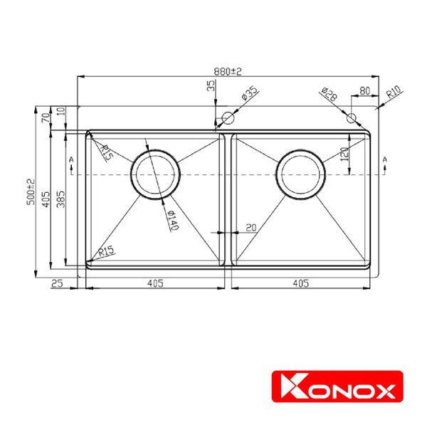Kích thước Chậu rửa bát Konox Workstation-Topmount Sink KN8850TD