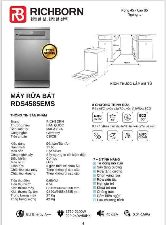 Máy rửa bát Richborn RDS4585EMS 11 bộ