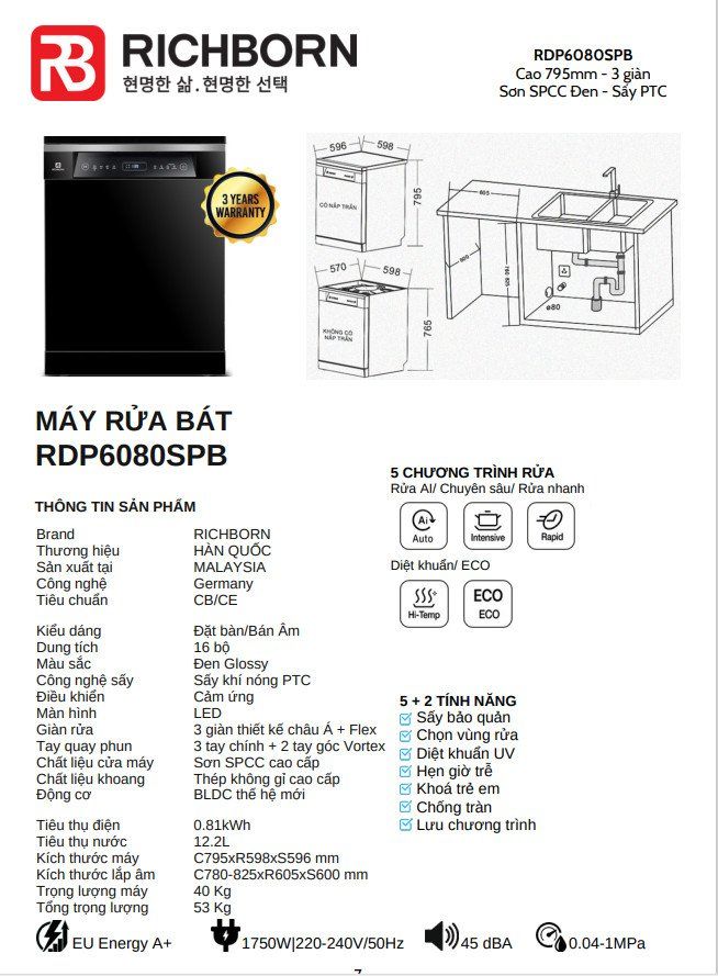 Máy rửa bát Richborn RDP6080SPB 16 bộ