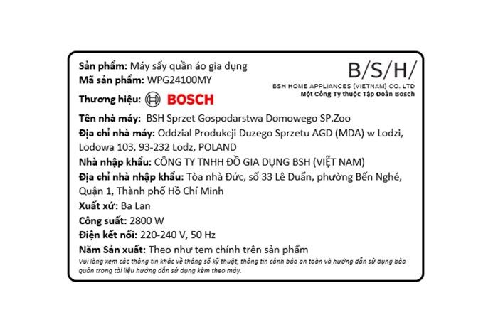 Máy sấy quần áo Bosch WPG24100MY Ngưng Tụ