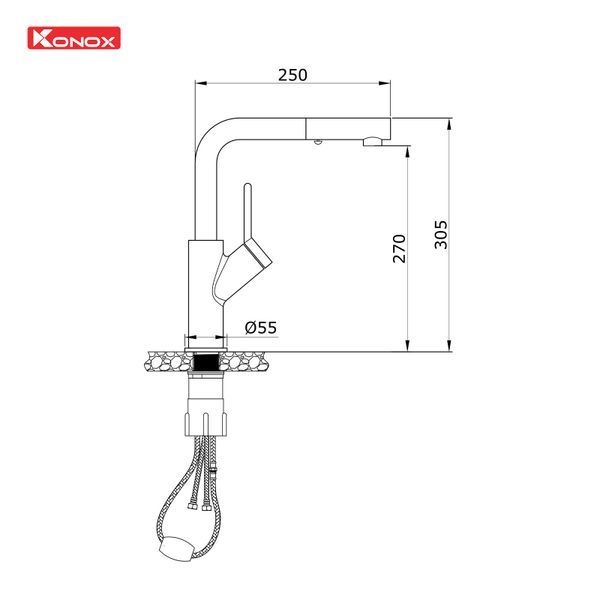 Vòi rửa bát rút dây Konox Artan Chrome kích thước lắp đặt