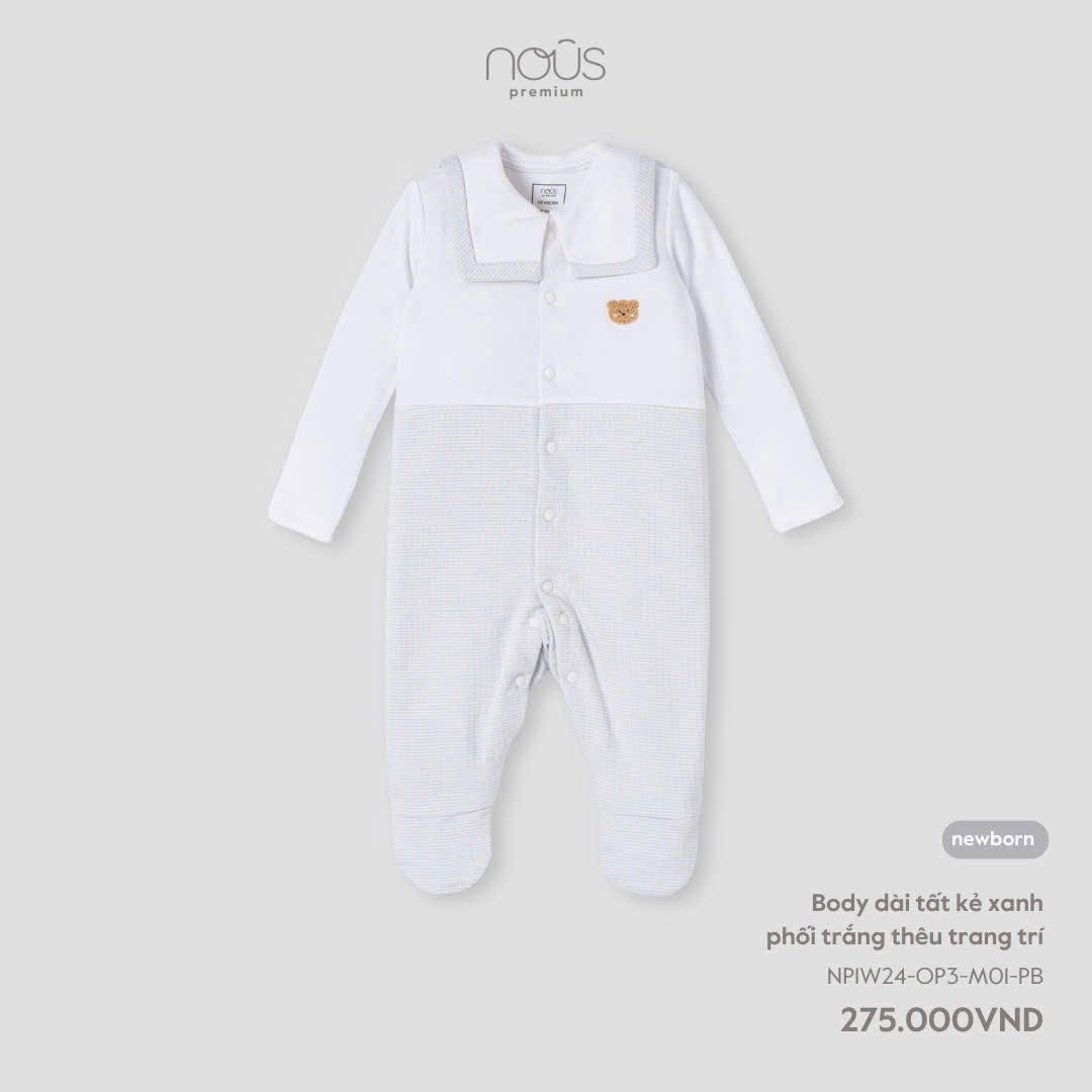 Body Dài Nous Liền Tất Kẻ Xanh + Trắng Thêu