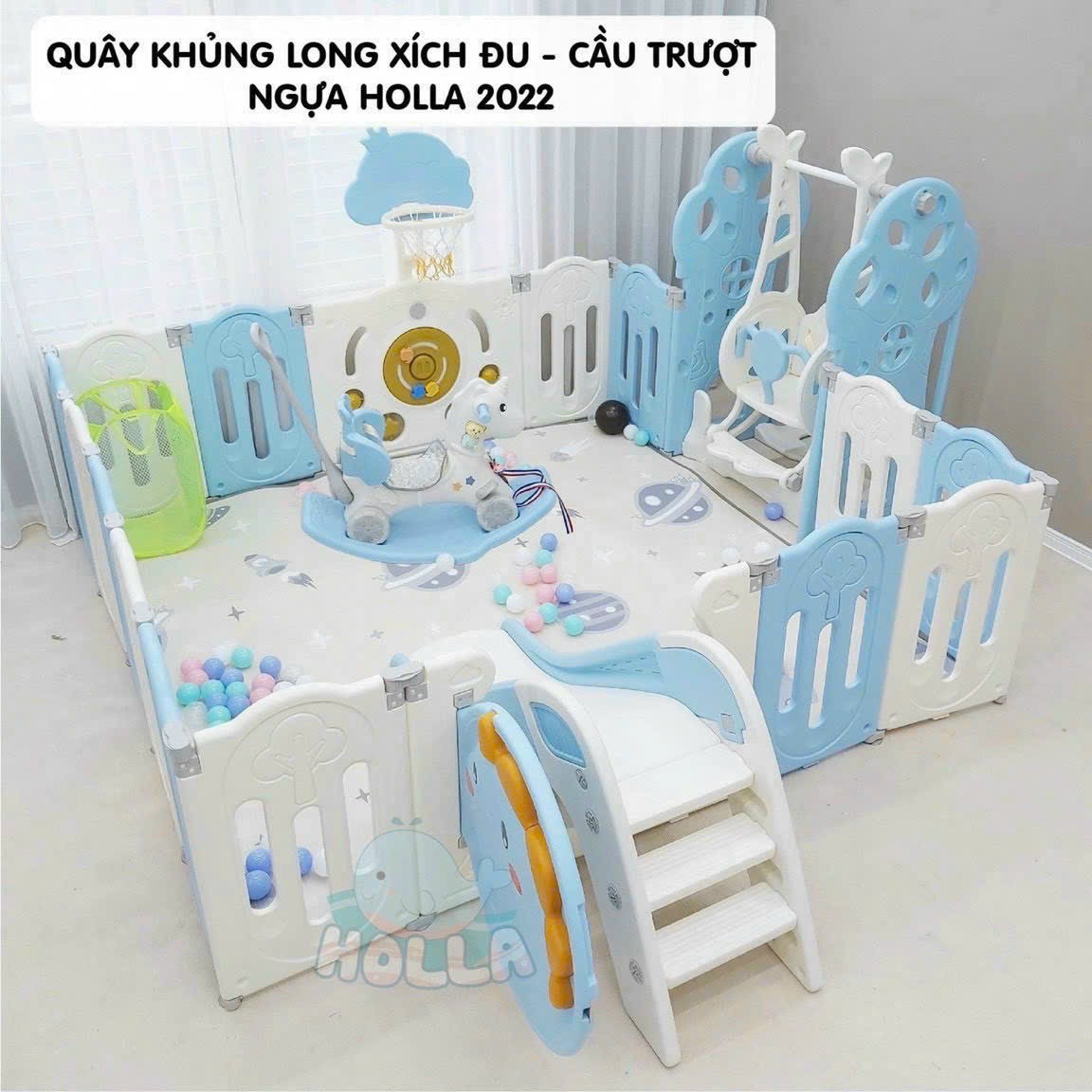 Quây Nhựa Holla Kèm Xích Đu + Cầu Trượt + Ngựa 1.9M X 2.4M Khủng Long