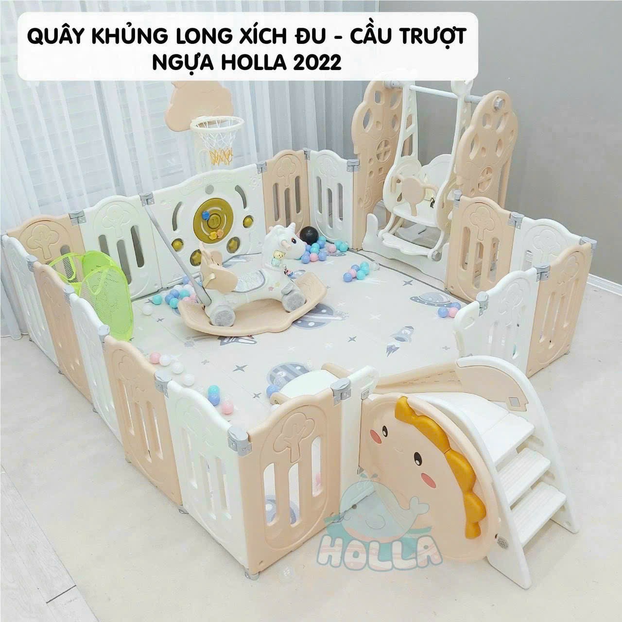 Quây Nhựa Holla Kèm Xích Đu + Cầu Trượt+ Ngựa 1.9M X 2.4M Khủng Long