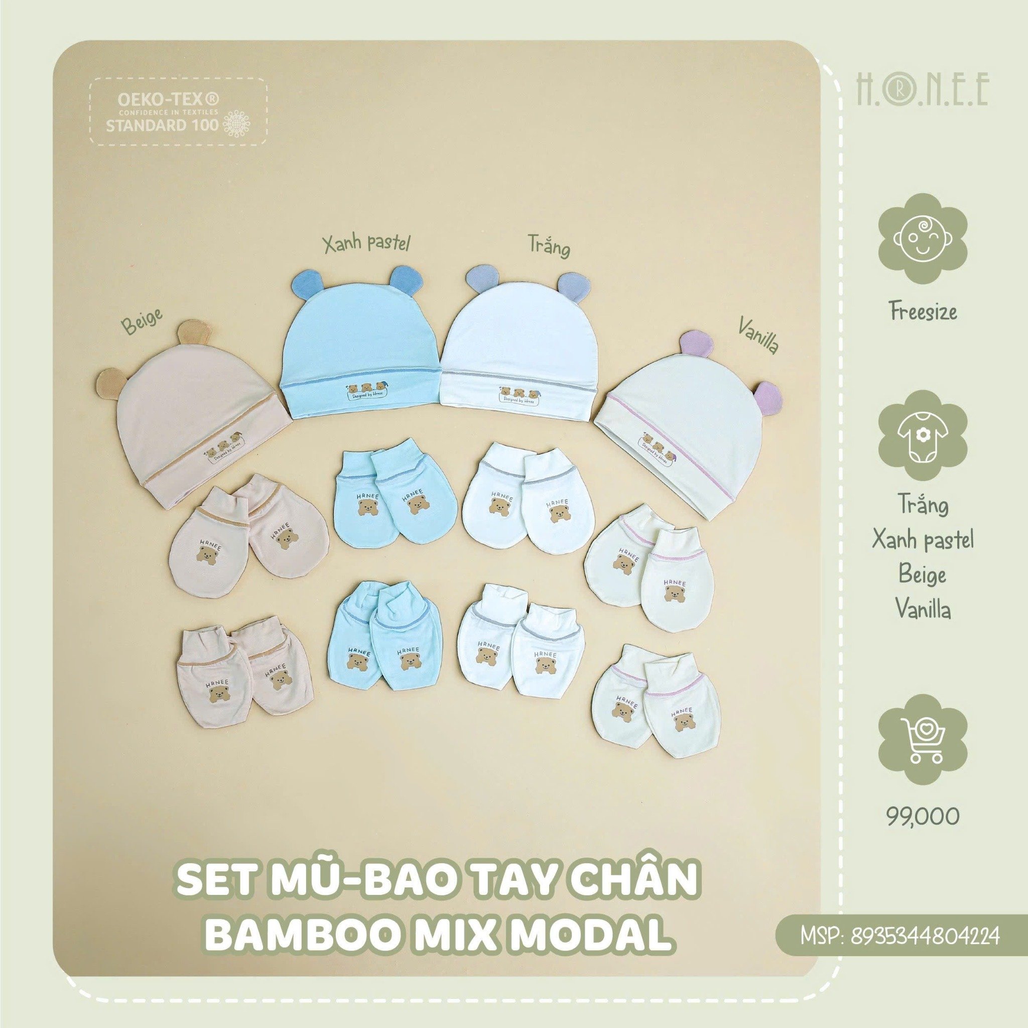 Set Nón - Bao Tay Chân Hrnee Bamboo Modal