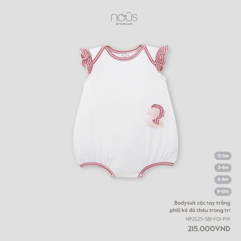 Body Chip Nous Trắng Cộc Tay Phối Kẻ Đỏ Thêu Trang Trí 0-3M