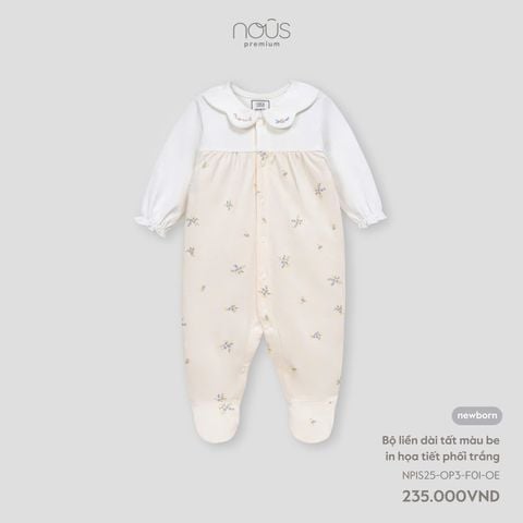 Body Dài Nous Liền Tất Màu Be In Họa Tiết Phối Trắng NB