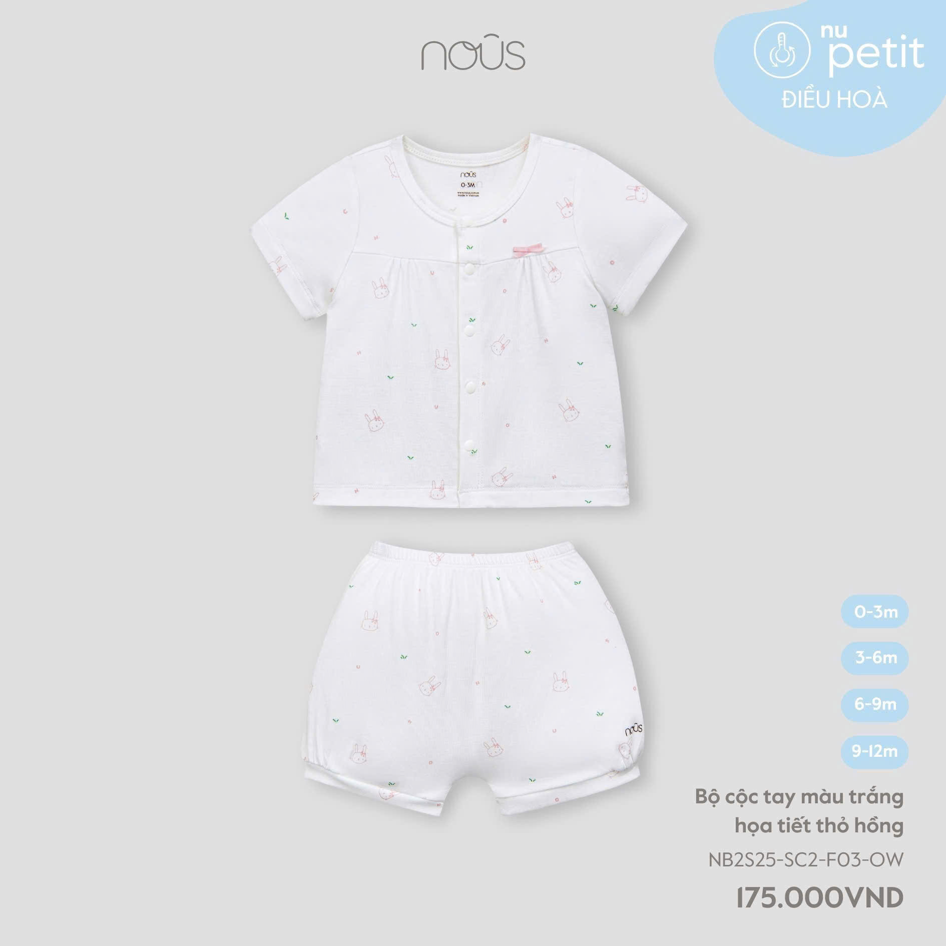 Bộ Cài Ngắn Nous Trắng Họa Tiết Thỏ Hồng 0-3M
