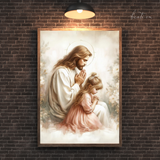  Tranh Treo Tường Tranh Chúa Giêsu Cầu Nguyện Cùng Em Bé Gái - Tranh Công Giáo Cao Cấp, Đẹp, Ý Nghĩa 