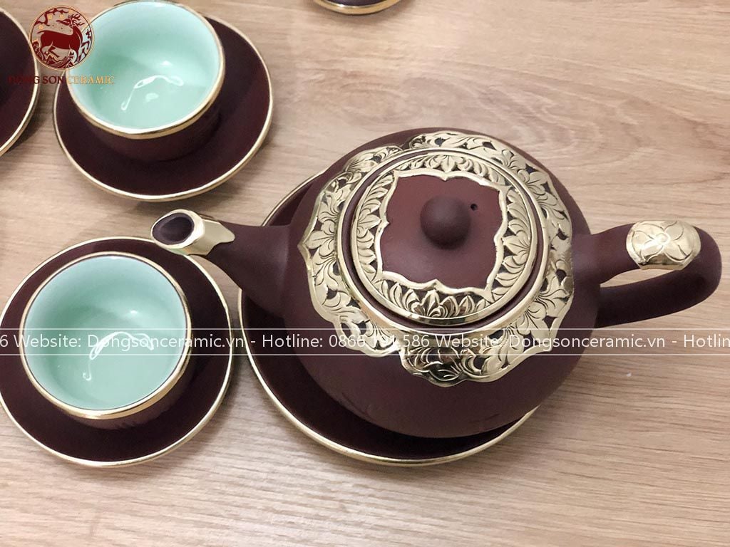  Bộ ấm chén Bát Tràng gốm tử sa bọc đồng tống nâu đầy đủ 18 vật phẩm 
