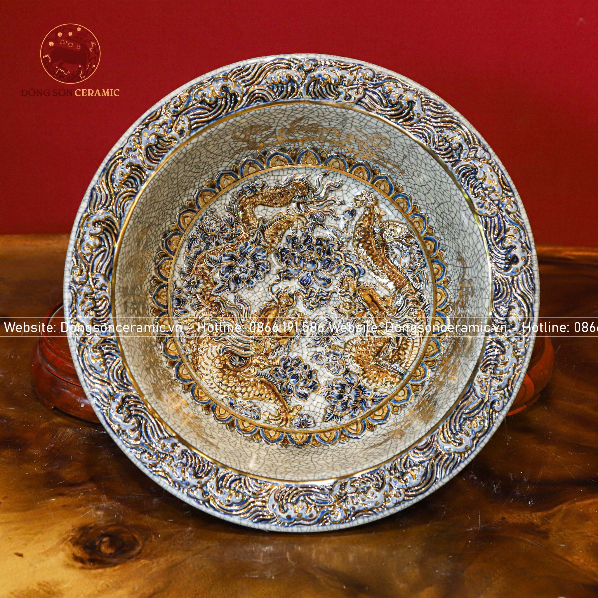  Bát thả hoa song long đắp nổi vẽ vàng đường kính 35cm 