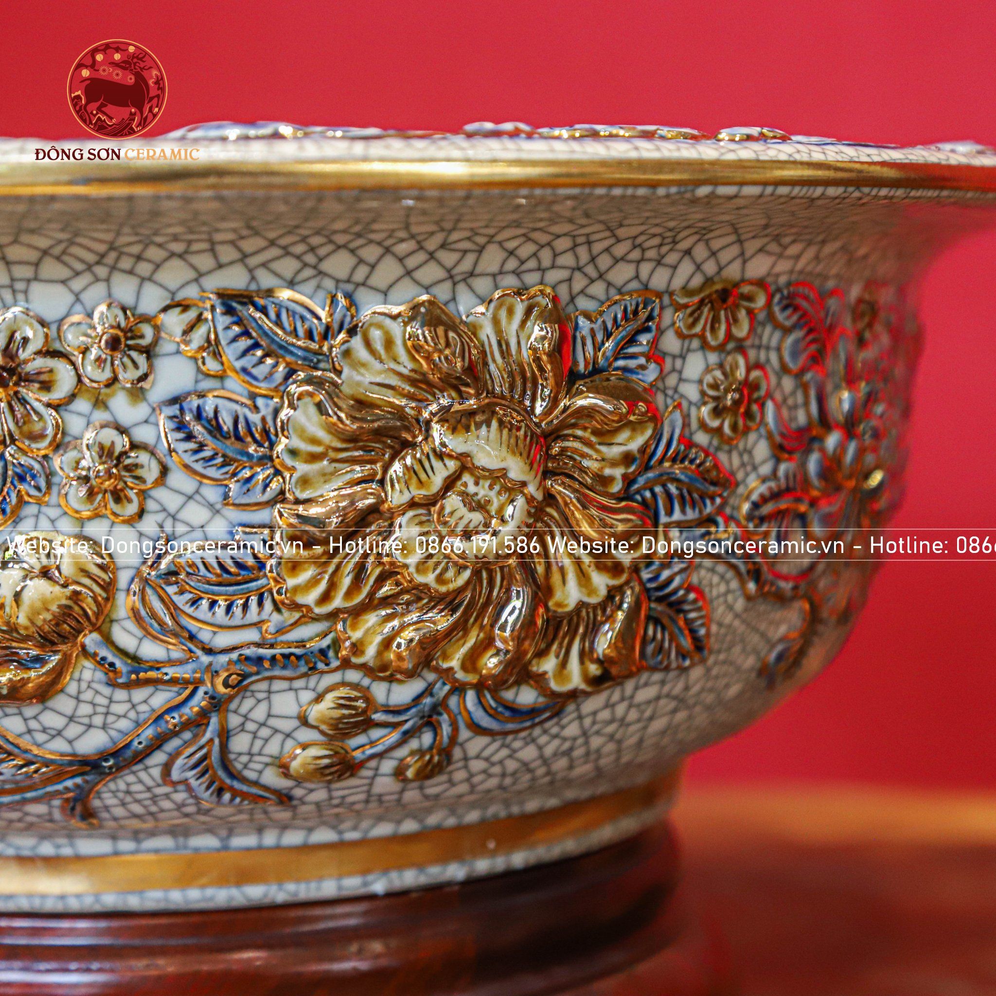  Bát thả hoa song long đắp nổi vẽ vàng đường kính 35cm 