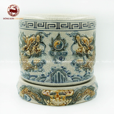  Bát hương họa tiết song long chầu nguyệt men rạn đắp nổi đường kính 25cm 