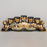  Kỷ ngai thờ bộ 5 thẳng gốm sứ Bát Tràng men sứ xanh coban họa tiết hoa sen đắp nổi vẽ vàng 