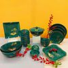 Bộ bát ăn gốm sứ Bát Tràng men xanh lục bảo hoa sen vẽ vàng kim 24k 21 vật phẩm