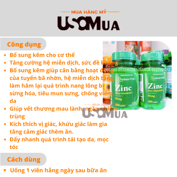 Viên Uống Bổ Sung Kẽm PURITAN'S PRIDE Zinc Gluconate 50mg