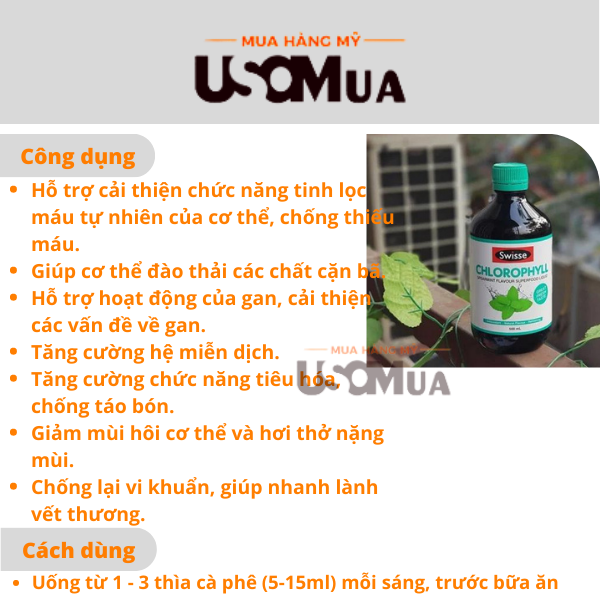 Nước Uống Diệp Lục Thải Độc SWISSE Úc Chlorophyll