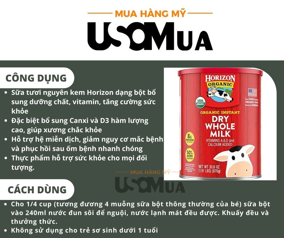 Sữa HORIZON Organic Dry Whole Milk With Vitamins A & D And Calcium Added