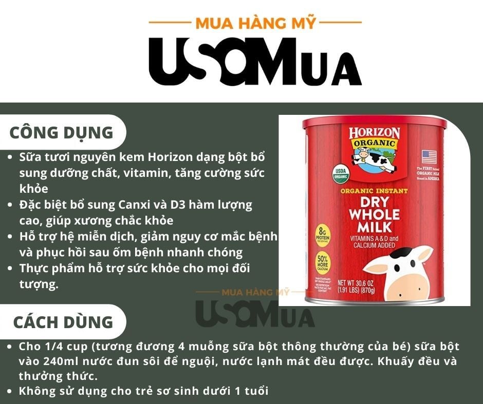 Sữa HORIZON Organic Dry Whole Milk With Vitamins A & D And Calcium Added