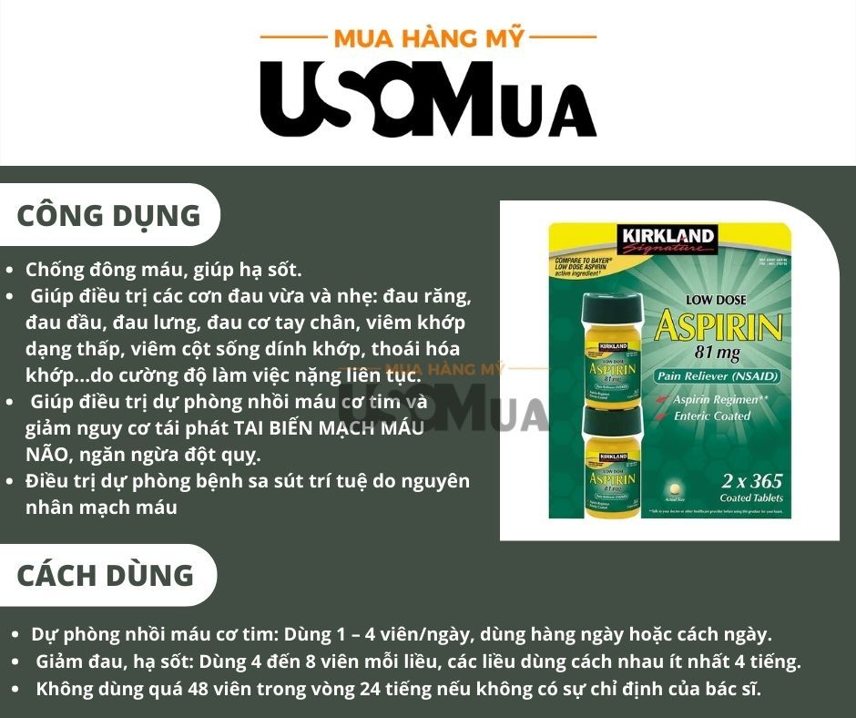 Viên Uống Giảm Đau, Ngăn Ngừa Đột Quỵ & Nhồi Máu Cơ Tim KIRKLAND Low Dose Aspirin 81mg