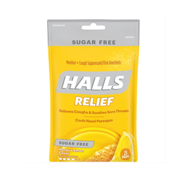 Kẹo HALLS Relief Honey Lemon Flavor Sugar Free, 25 Drops