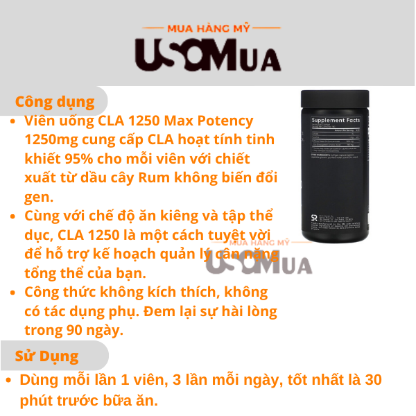 Viên Uống Giảm Cân SPORTS RESEARCH Max Potency CLA 1250mg