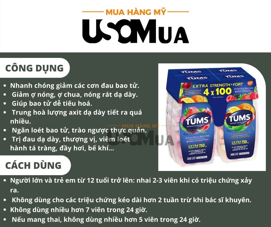 Viên Nhai Hỗ Trợ Đau Dạ Dày TUMS Assorted Berries Extra Strength-Fort 750mg