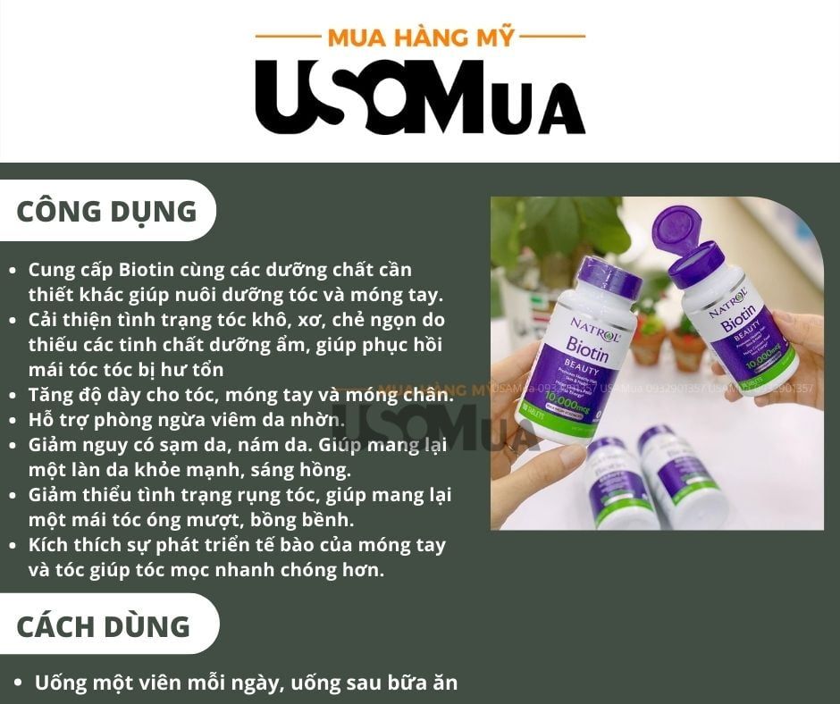 Viên Uống Kích Mọc, Giảm Rụng Tóc NATROL Biotin Beauty 10.000mcg