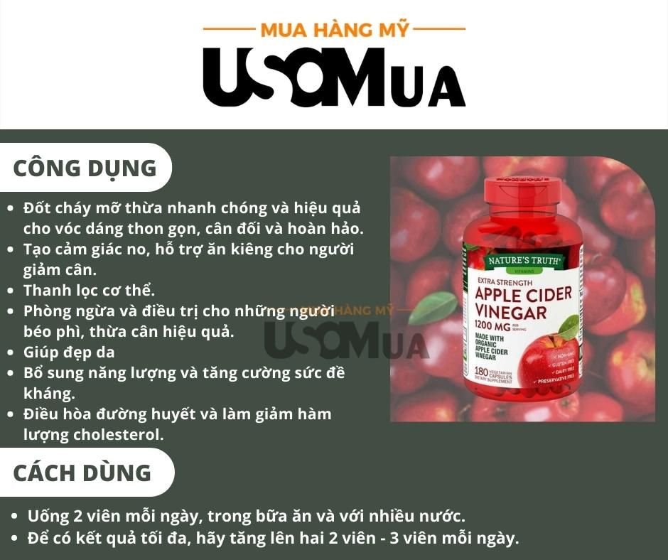 Viên Uống Giảm Cân Giấm Táo NATURE'S TRUTH Apple Cider Vinegar 1200mg