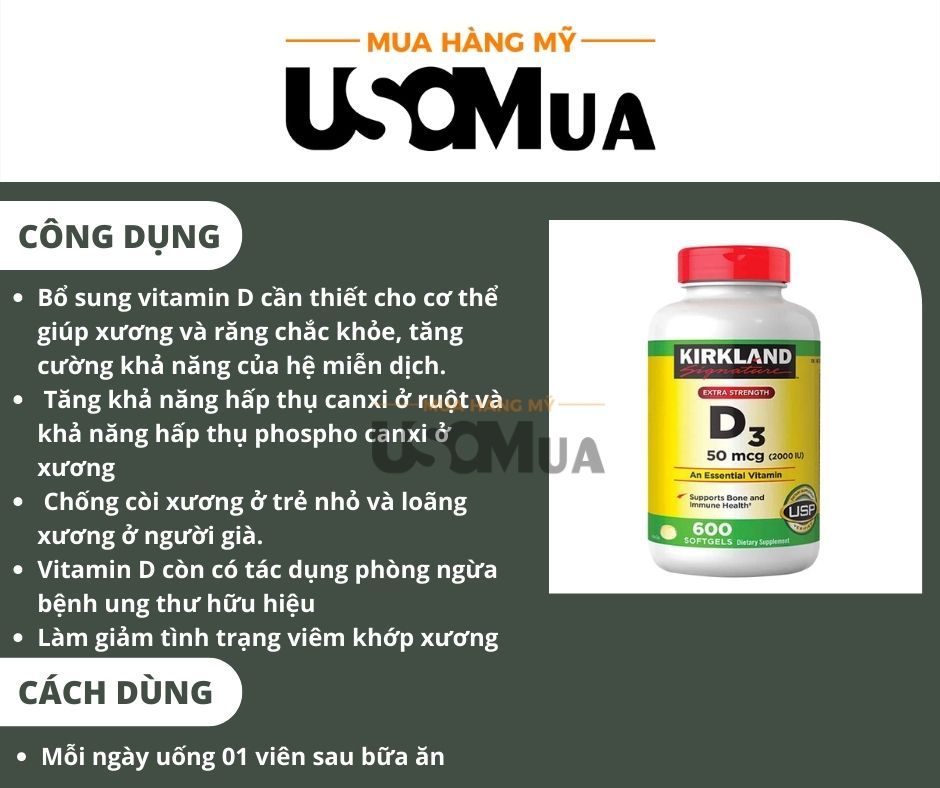 Viên Uống Bổ Sung Vitamin D3 KIRKLAND 50mcg (2000IU)