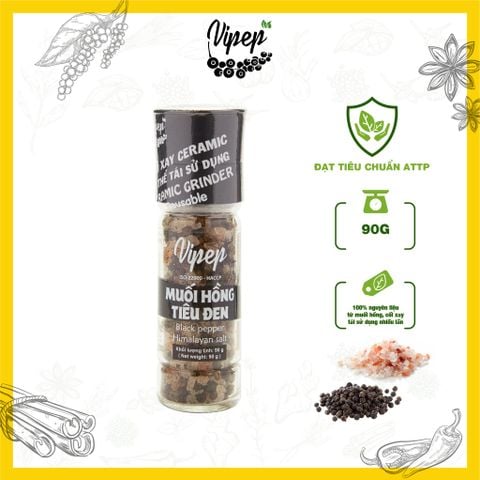 Muối Hồng Himalaya Tiêu Đen Tự Nhiên Cối Xay Vipep Hũ Thủy Tinh 90g