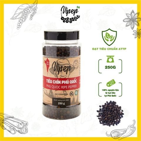 Tiêu Đen Hạt Chín Đỏ Phú Quốc Tự Nhiên Vipep Hũ Nhựa 250g