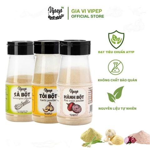 Combo 03 Gia vị ăn dặm cho bé Hành bột 70g, Tỏi bột 70g, Sả bột 40g - Gia vị nấu ăn Vipep