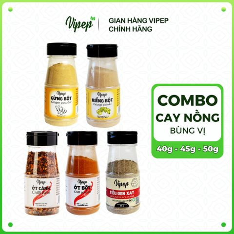 Combo cay nồng bùng vị Tiêu đen xay 50g, Gừng bột, Riềng bột, Ớt cánh 40g, Ớt bột 45g - Gia vị Vipep