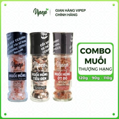Combo muối cối xay thượng hạng, muồi hồng, muối hồng tiêu đen, muối hồng ớt đỏ - Gia vị Vipep