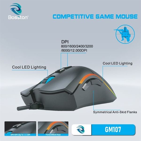 Chuột BOSSTON GM107 GAMING 12.000DPI (MÀU ĐEN) Mới