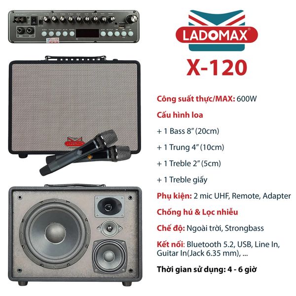 Loa karaoke xách tay cao cấp Ladomax  X-120 (Bass đơn 20cm)