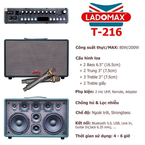Loa Karaoke xách tay Cao Cấp Ladomax T-216 (Bass đôi 16.5cm)