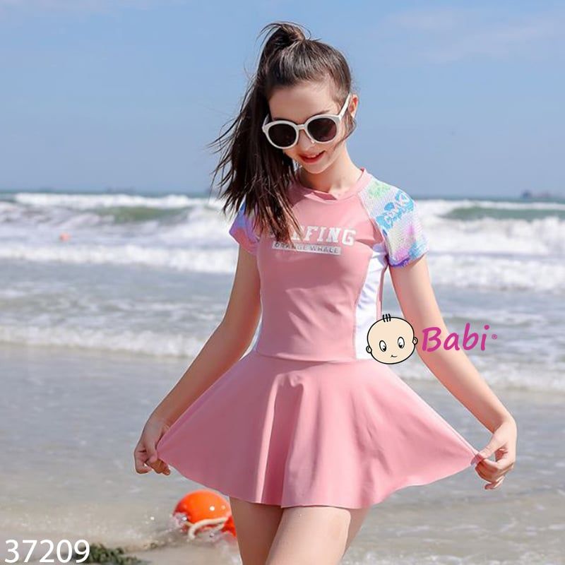  Bộ Bơi Bé Gái Tay Ngắn Váy Liền Kèm Quần M8 (26-45kg) 