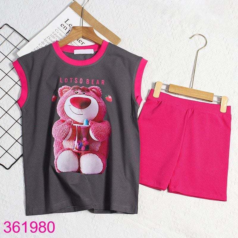  Bộ Bé Gái Sát Nách Quần Short  In Gấu Dâu Cute (23kg-40kg) 